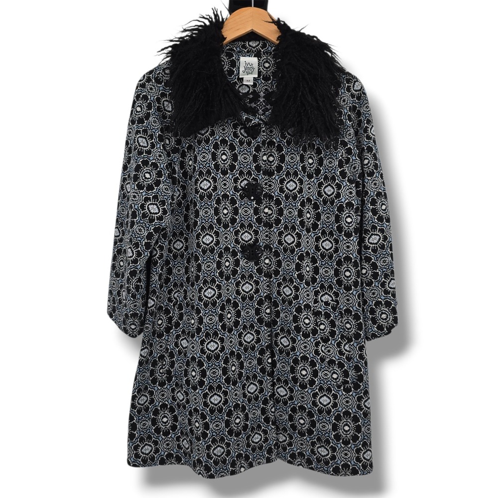 Ivy Jane Women Black Blue Floral Knit Faux Fur Collar Button Front‎ Coat Size M